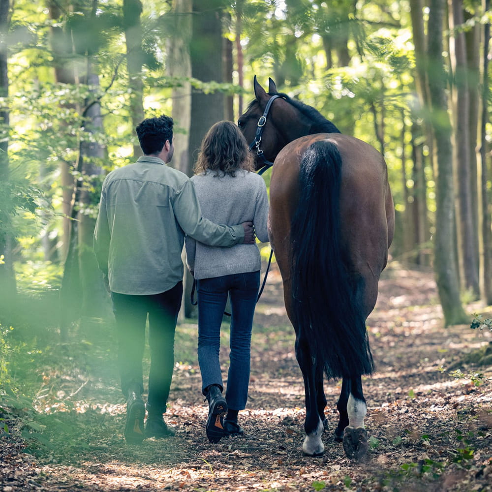 A couple walking their horse through the woods